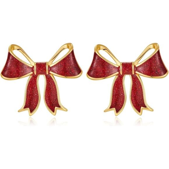 Red Bow Earrings | 18K Gold Plated Studs | Shiny Oil Drop Finish - Picture 7 of 7